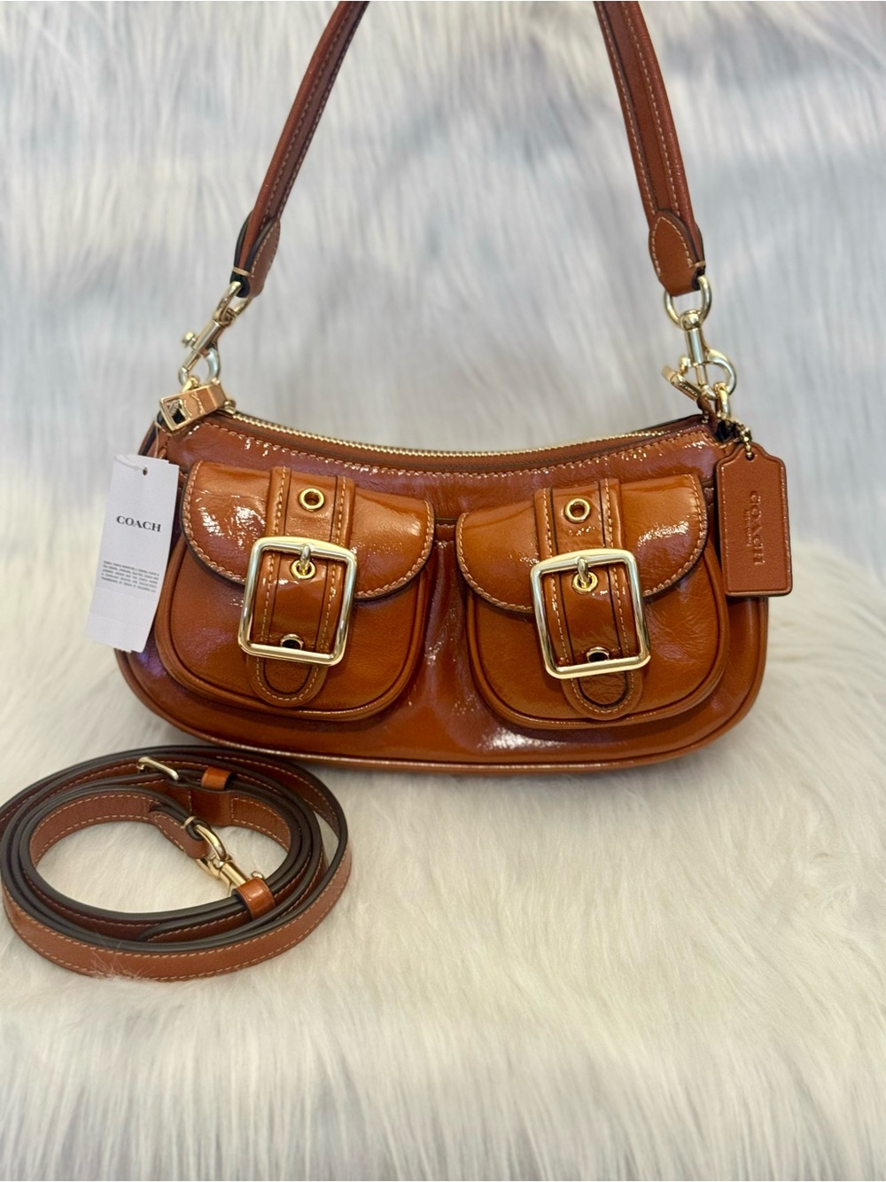 NWT Coach CBJ01 Glazed Leather Ashton Shoulder Bag Gold/Cinnamon